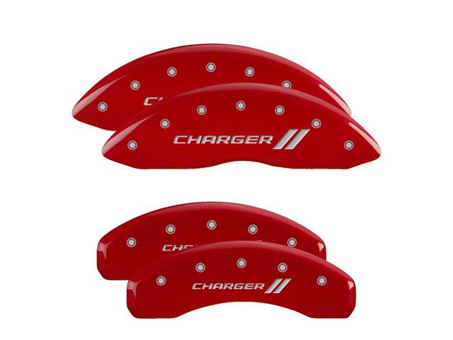 MGP Brake Caliper Covers with Charger Stripes Logo; Red; Front and Rear (08-14 Challenger SRT8; 2015 Challenger SRT 392; 15-23 Challenger Scat Pack w/ 4-Piston Front Calipers)