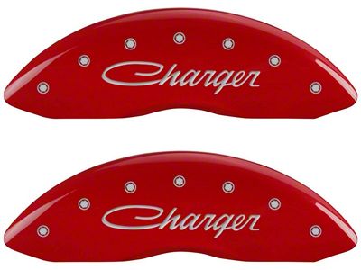 MGP Brake Caliper Covers with Cursive Charger Logo; Red; Front and Rear (09-10 Challenger R/T)