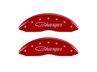 MGP Brake Caliper Covers with Cursive Charger Logo; Red; Front and Rear (08-14 Challenger SRT8; 2015 Challenger SRT 392; 15-23 Challenger Scat Pack w/ 4-Piston Front Calipers)