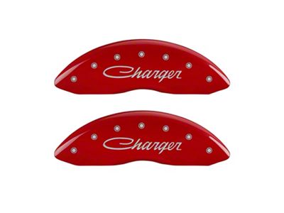 MGP Brake Caliper Covers with Cursive Charger Logo; Red; Front and Rear (08-14 Challenger SRT8; 2015 Challenger SRT 392; 15-23 Challenger Scat Pack w/ 4-Piston Front Calipers)