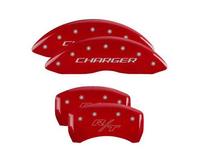 MGP Brake Caliper Covers with Charger and R/T Logo; Red; Front and Rear (2011 SE; 11-14 Challenger R/T w/ Single Piston Front Calipers; 12-23 Challenger SXT w/ Single Piston Front Calipers)