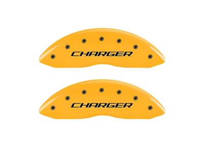 MGP Brake Caliper Covers with Charger and R/T Logo; Yellow; Front and Rear (08-14 Challenger SRT8; 2015 Challenger SRT 392; 15-23 Challenger Scat Pack w/ 4-Piston Front Calipers)