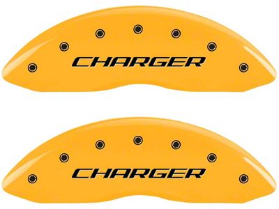 MGP Brake Caliper Covers with Charger and R/T Logo; Yellow; Front and Rear (11-23 Challenger R/T; 2014 Challenger Rallye Redline; 17-23 Challenger GT, T/A; 12-23 Challenger SXT w/ Dual Piston Front Calipers)