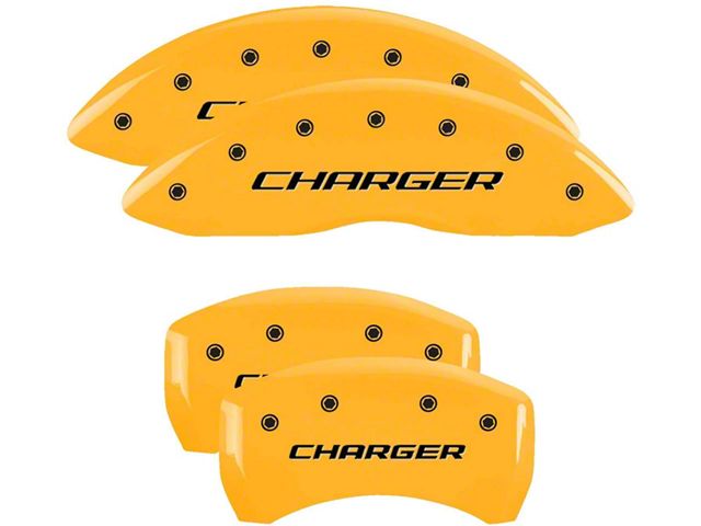 MGP Brake Caliper Covers with Charger Logo; Yellow; Front and Rear (11-23 Challenger R/T; 2014 Challenger Rallye Redline; 17-23 Challenger GT, T/A; 12-23 Challenger SXT w/ Dual Piston Front Calipers)