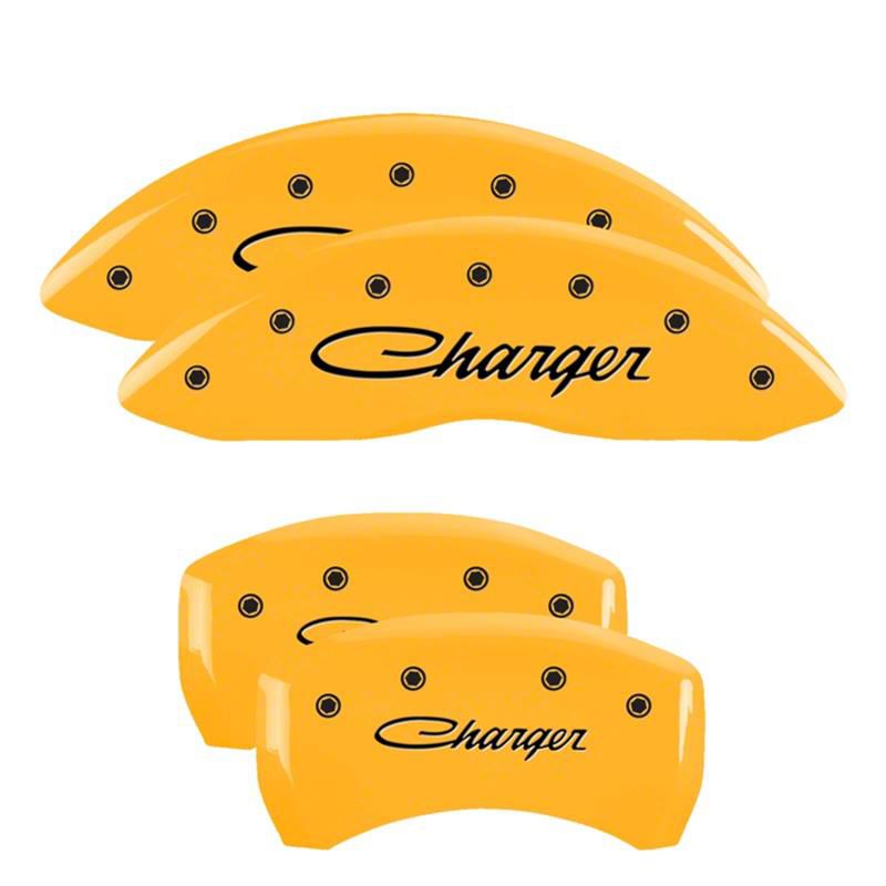 MGP Challenger Yellow Caliper Covers with Cursive Charger Logo; Front