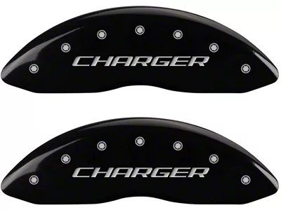 MGP Brake Caliper Covers with Charger Logo; Black; Front and Rear (11-23 Charger R/T, SXT w/ Dual Piston Front Calipers; 15-17 AWD Charger SE w/ Dual Piston Front Calipers; 18-20 Charger Daytona, GT w/ Dual Piston Front Calipers)