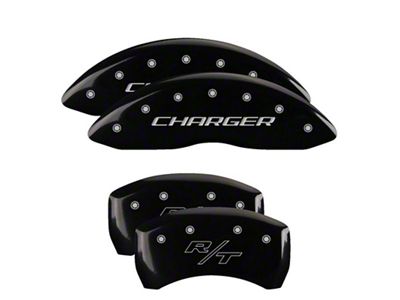 MGP Brake Caliper Covers with Charger and R/T Logo; Black; Front and Rear (06-10 Charger Base, SE, SXT)