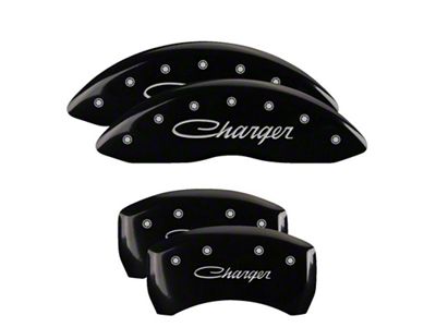 MGP Brake Caliper Covers with Cursive Charger Logo; Black; Front and Rear (06-10 Charger Base, SE, SXT)