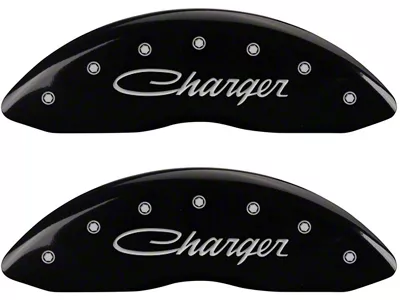 MGP Brake Caliper Covers with Cursive Charger Logo; Black; Front and Rear (11-18 Charger R/T w/ Single Piston Front Calipers; 11-17 Charger SE w/ Single Piston Front Calipers; 12-23 SXT Charger w/ Single Piston Front Calipers)