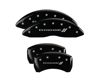 MGP Black Caliper Covers with Dodge Stripes Logo; Front and Rear (11-23 Charger R/T; 12-23 Charger SXT w/ Dual Piston Front Calipers; 15-17 AWD Charger SE; 18-23 Charger Daytona, GT)