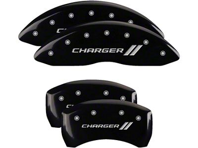 MGP Black Caliper Covers with Charger Stripes Logo; Front and Rear (11-23 Charger R/T; 12-23 Charger SXT w/ Dual Piston Front Calipers; 15-17 AWD Charger SE; 18-23 Charger Daytona, GT)