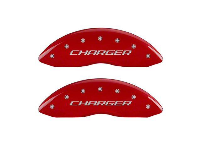 MGP Brake Caliper Covers with Charger Logo; Red; Front and Rear (11-18 Charger R/T w/ Single Piston Front Calipers; 11-17 Charger SE w/ Single Piston Front Calipers; 12-23 SXT Charger w/ Single Piston Front Calipers)