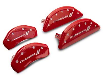 MGP Red Caliper Covers with Charger Stripes Logo; Front and Rear (11-23 Charger R/T; 12-23 Charger SXT w/ Dual Piston Front Calipers; 15-17 AWD Charger SE; 18-23 Charger Daytona, GT)