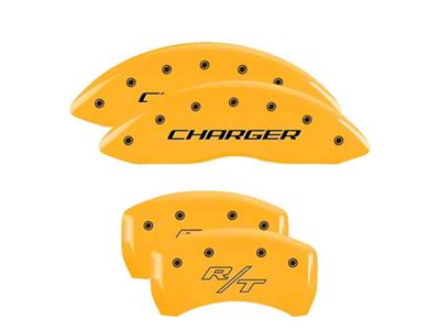 MGP Brake Caliper Covers with Charger and R/T Logo; Yellow; Front and Rear (11-23 Charger R/T, SXT w/ Dual Piston Front Calipers; 15-17 AWD Charger SE w/ Dual Piston Front Calipers; 18-20 Charger Daytona, GT w/ Dual Piston Front Calipers)