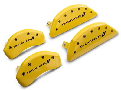 MGP Yellow Caliper Covers with Dodge Stripes Logo; Front and Rear (11-23 Charger R/T; 12-23 Charger SXT w/ Dual Piston Front Calipers; 15-17 AWD Charger SE; 18-23 Charger Daytona, GT)