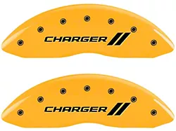 MGP Brake Caliper Covers with Charger Stripes Logo; Yellow; Front and Rear (11-23 Charger R/T; 12-23 Charger SXT w/ Dual Piston Front Calipers; 15-17 AWD Charger SE; 18-23 Charger Daytona, GT)