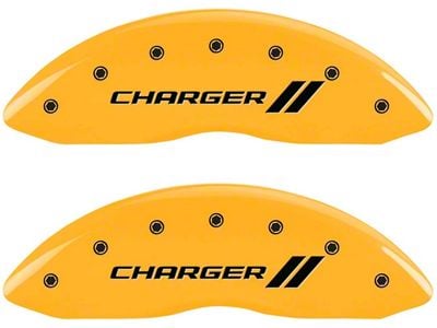 MGP Yellow Caliper Covers with Charger Stripes Logo; Front and Rear (11-23 Charger R/T; 12-23 Charger SXT w/ Dual Piston Front Calipers; 15-17 AWD Charger SE; 18-23 Charger Daytona, GT)