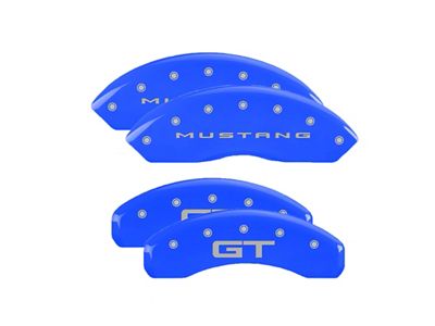 MGP Brake Caliper Covers with GT Logo; Grabber Blue; Front and Rear (15-23 Mustang GT w/o Performance Pack)