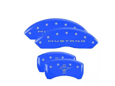 MGP Brake Caliper Covers with Tri-Bar Pony Logo; Grabber Blue; Front and Rear (15-23 Mustang EcoBoost w/o Performance Pack, V6)