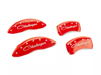 MGP Brake Caliper Covers with Cursive Challenger Logo; Red; Front and Rear (2011 SE; 11-14 Challenger R/T w/ Single Piston Front Calipers; 12-23 Challenger SXT w/ Single Piston Front Calipers)