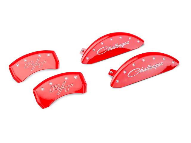 MGP Brake Caliper Covers with Cursive Challenger and R/T Logos; Red; Front and Rear (11-23 Challenger R/T; 2014 Challenger Rallye Redline; 17-23 Challenger GT, T/A; 12-23 Challenger SXT w/ Dual Piston Front Calipers)