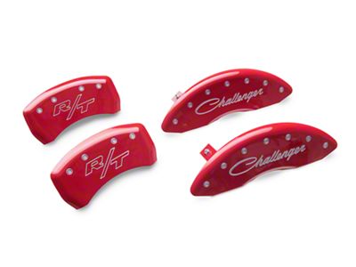 MGP Brake Caliper Covers with Cursive Challenger and R/T Logos; Red; Front and Rear (2011 SE; 11-14 Challenger R/T w/ Single Piston Front Calipers; 12-23 Challenger SXT w/ Single Piston Front Calipers)