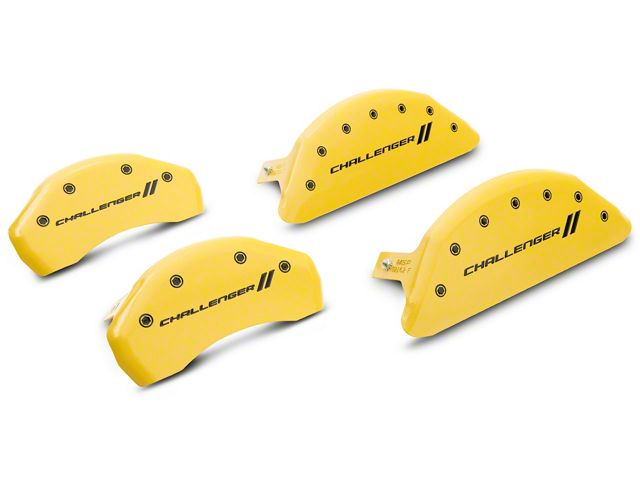 MGP Brake Caliper Covers with Challenger Stripes Logo; Yellow; Front and Rear (11-23 Challenger R/T; 2014 Challenger Rallye Redline; 17-23 Challenger GT, T/A; 12-23 Challenger SXT w/ Dual Piston Front Calipers)