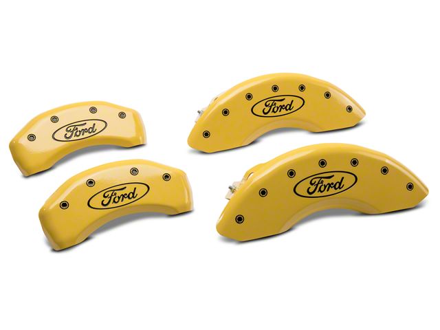 MGP Brake Caliper Covers with Ford Oval Logo; Yellow; Front and Rear (10-14 Mustang GT w/o Performance Pack, V6)
