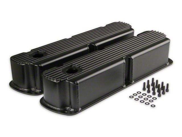 Mr. Gasket Finned Fabricated Aluminum Valve Covers; Black (79-85 5.0L Mustang)