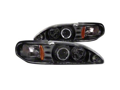 1-Piece LED Halo Projector Headlights; Black Housing; Clear Lens (94-98 Mustang)