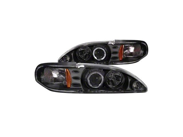 1-Piece LED Halo Projector Headlights; Black Housing; Clear Lens (94-98 Mustang)