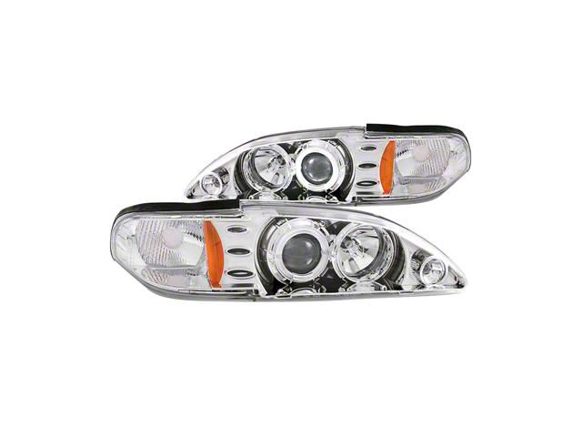 1-Piece LED Halo Projector Headlights; Chrome Housing; Clear Lens (94-98 Mustang)