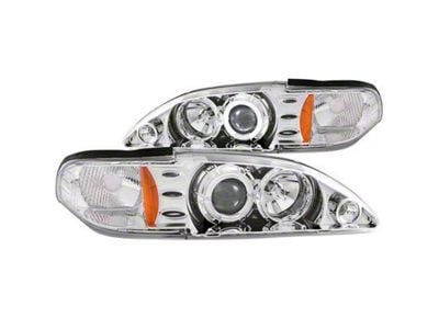 1-Piece LED Halo Projector Headlights; Chrome Housing; Clear Lens (94-98 Mustang)