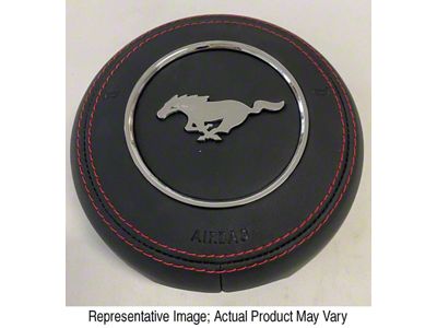 Black Leather Steering Wheel Airbag Cover with Blue Stitching and Black Emblems (15-23 Mustang, Excluding GT500)