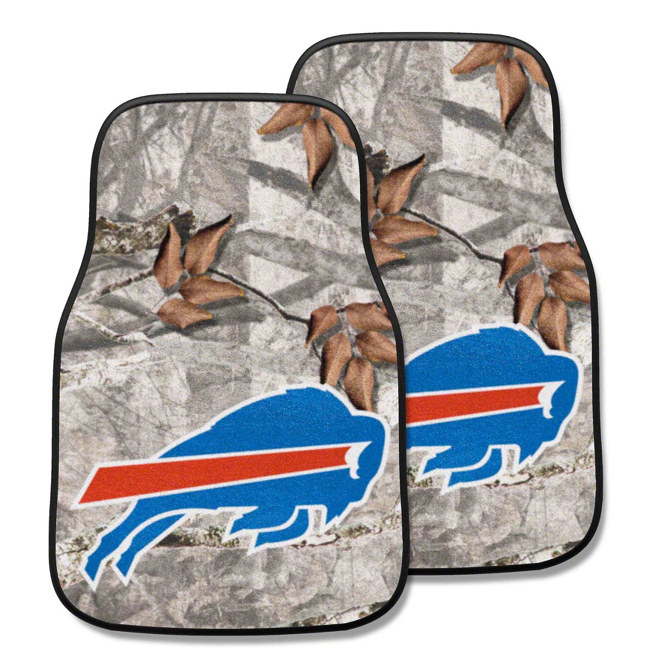 Mustang Carpet Front Floor Mats with Buffalo Bills Logo; Camo