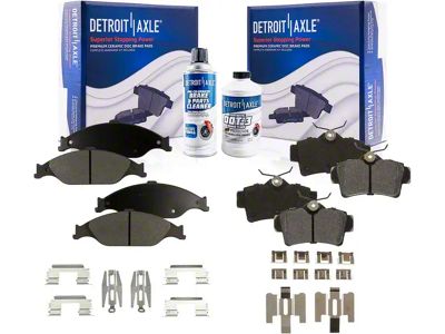 Ceramic Brake Pads with Brake Fluid and Cleaner; Front and Rear (99-04 Mustang GT, V6)