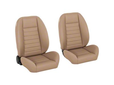 Cruiser Collection Low Back Bucket Seats with Seat Mounting Brackets; Baja Tan Salerno Vinyl with White Stitching (79-98 Mustang)