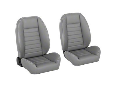 Cruiser Collection Low Back Bucket Seats with Seat Mounting Brackets; Medium Earth Grey Vinyl with White Stitching (79-98 Mustang)