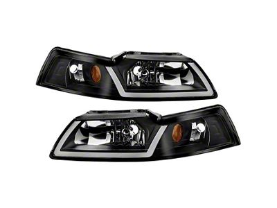 Crystal Headlights with LED Light Bar; Black Housing; Clear Lens (99-04 Mustang)