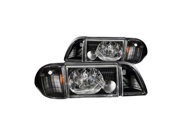 Crystal Headlights with Corner Lights; Black Housing; Clear Lens (87-93 Mustang)