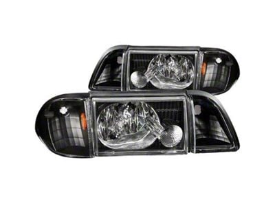 Crystal Headlights with Corner Lights; Black Housing; Clear Lens (87-93 Mustang)