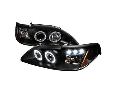 Dual Halo Projector Headlights; Matte Black Housing; Clear Lens (94-98 Mustang)