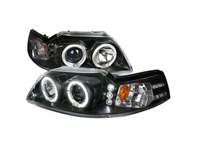 Dual Halo Projector Headlights; Matte Black Housing; Clear Lens (99-04 Mustang)
