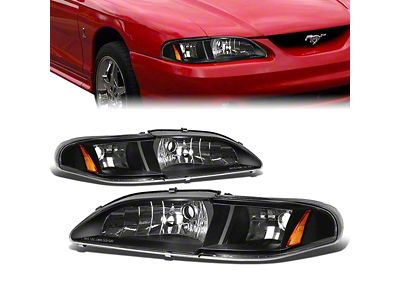 Factory Style Headlights; Black Housing; Clear Lens (94-98 Mustang)