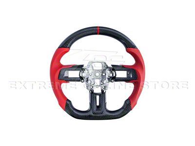 Factory Style Perforated Leather Steering Wheel with Button Covers; Carbon Fiber with Red Strip (15-17 Mustang w/o Heated Steering Wheel)