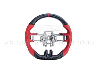 Factory Style Perforated Leather Steering Wheel without Button Covers; Carbon Fiber with Red Strip (18-23 Mustang w/o Heated Steering Wheel)