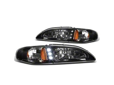 LED DRL Headlights with Amber Corner Lights; Black Housing; Clear Lens (94-98 Mustang)