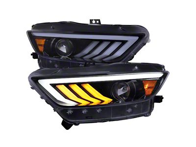 HID-Type Projector Headlights with Sequential Signals; Gloss Black Housing; Clear Lens (15-17 Mustang; 18-20 Mustang GT350, GT500)