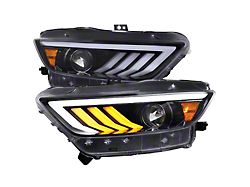 HID-Type Projector Headlights with Sequential Signals; Jet Black Housing; Clear Lens (15-17 Mustang; 18-20 Mustang GT350, GT500)