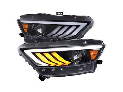 HID-Type Projector Headlights with Sequential Signals; Jet Black Housing; Clear Lens (15-17 Mustang; 18-20 Mustang GT350, GT500)